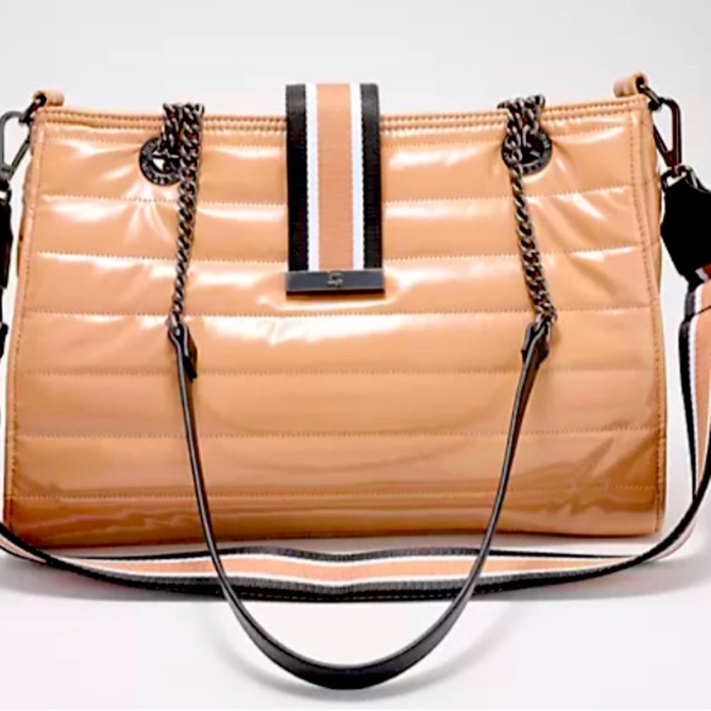 New THINK ROYLN Kennedy Shoulder Crossbody Bag Dark Nude Patent Tan Beige office - Picture 1 of 4